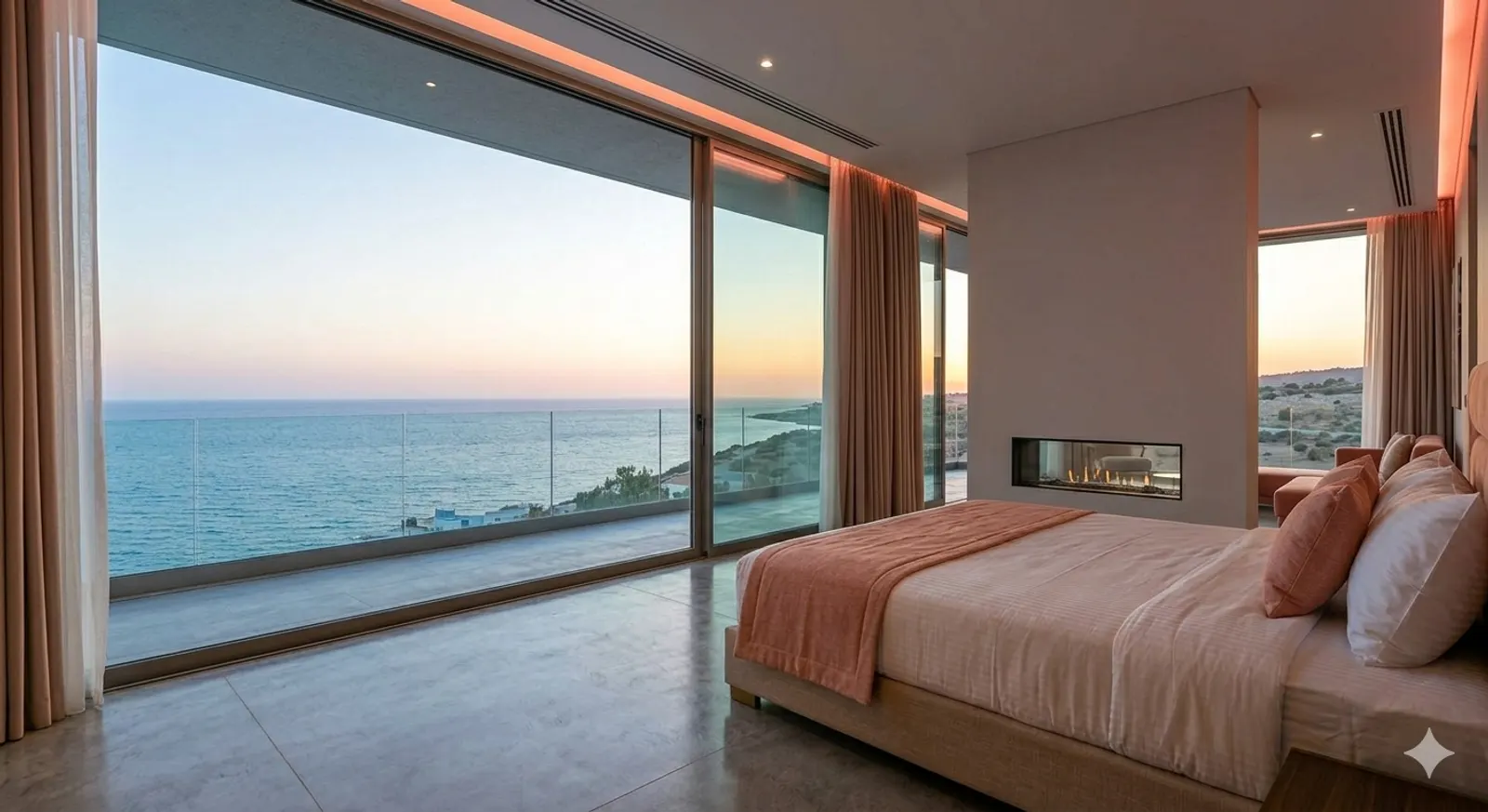 A sea-facing room with floor-to-ceiling glass and a fireplace