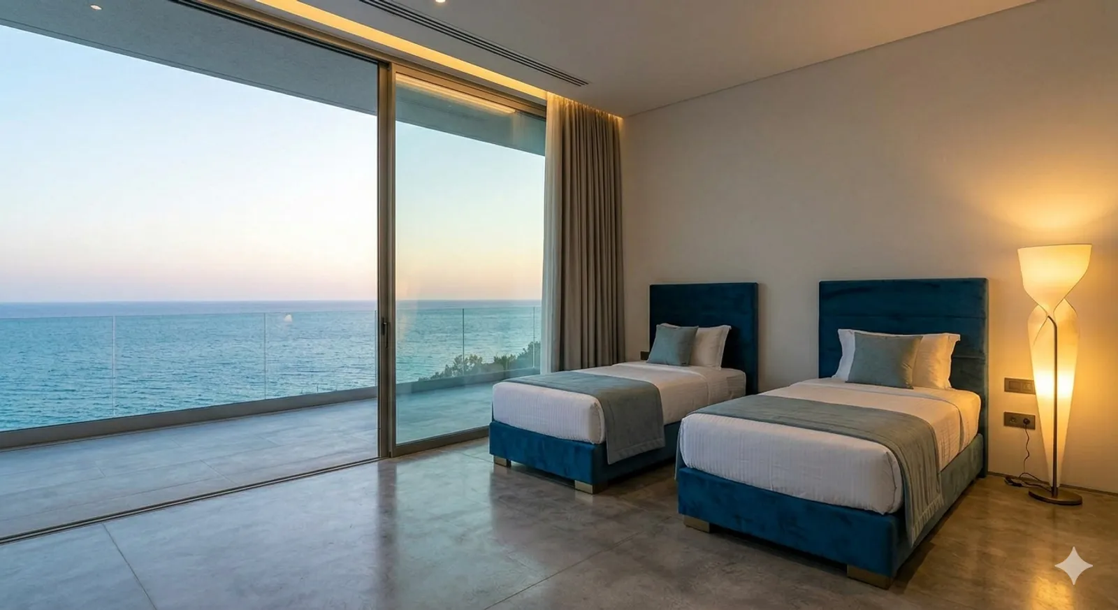 A twin room looking out over the water